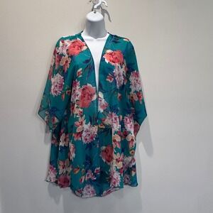 Emory Park Teal Floral Kimono Cardigan Open Front Coverup Sz Large Made in USA